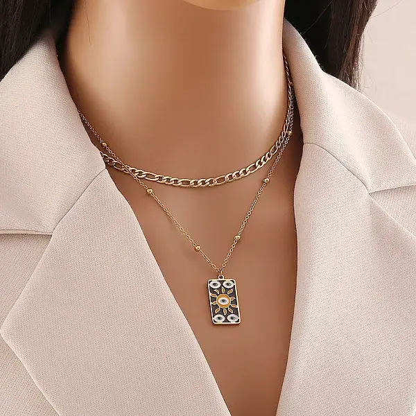 304 Stainless Steel Enamel Sun Eye Pendant Double Layer Necklaces for Women