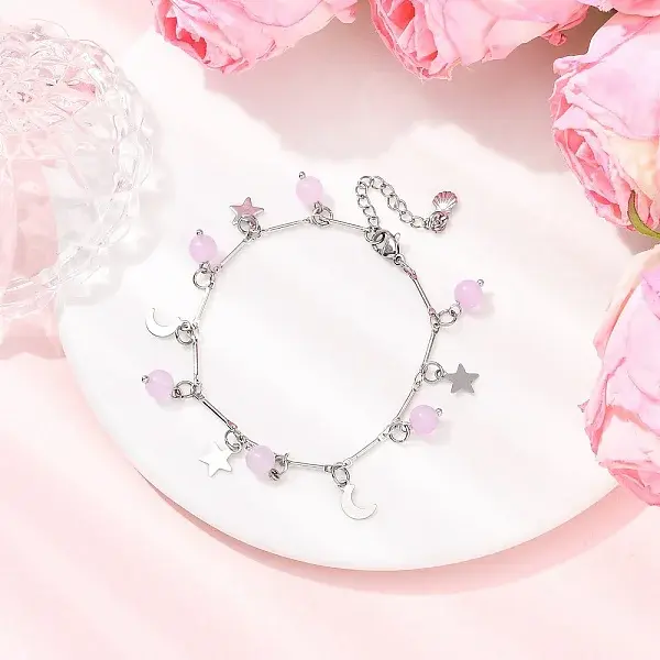 Stainless Steel and Natural & Dyed Malaysia Jade Charm Bracelets