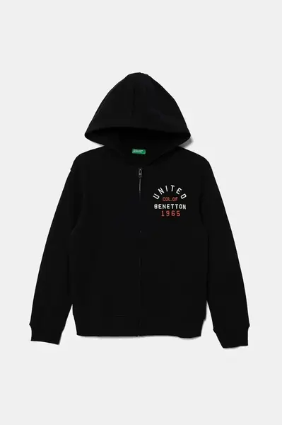 Dětská bavlněná mikina United Colors of Benetton černá barva, s kapucí, vzorovaná, 3J68C505C