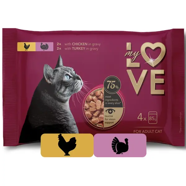 My Love SET kapsičky pre mačky s kuracím mäsom v omáčke, s morčacím v omáčke 4 x 85 g (2381)
