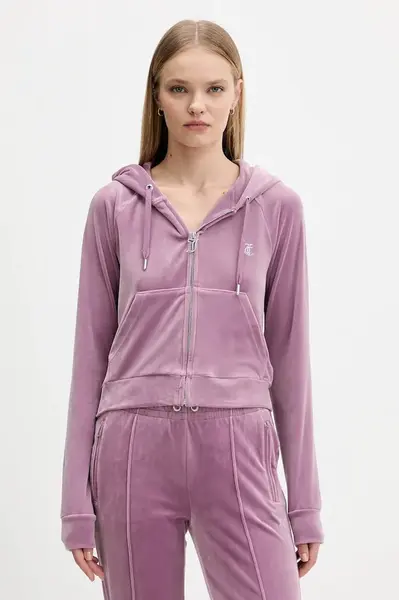 Velurová mikina Juicy Couture dámská, fialová barva, s kapucí, hladká, JCWAS225306