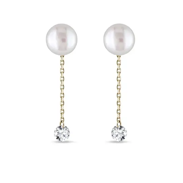 Perlové visací náušnice 2v1 s diamanty ve žlutém 14k zlatě KLENOTA