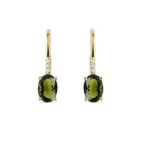 Zlaté visací náušnice s vltavíny a diamanty KLENOTA