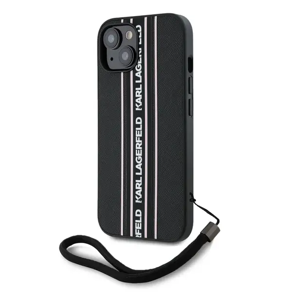 Zadní kryt Karl Lagerfeld PU Saffiano Athleisure Stripe and Strap pro Apple iPhone 15, růžová