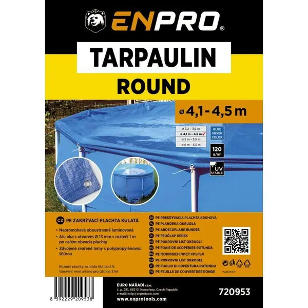 Plachta zakrývací kulatá, Ø 4,1 - 4,5 m, 120 g/m2, modro - stříbrná, ENPRO