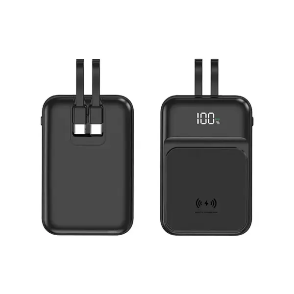 Bezdrátová Powerbanka se 2 vestavěnými kabely, 10000mAh, USB-C + Lightning, 15W, černá