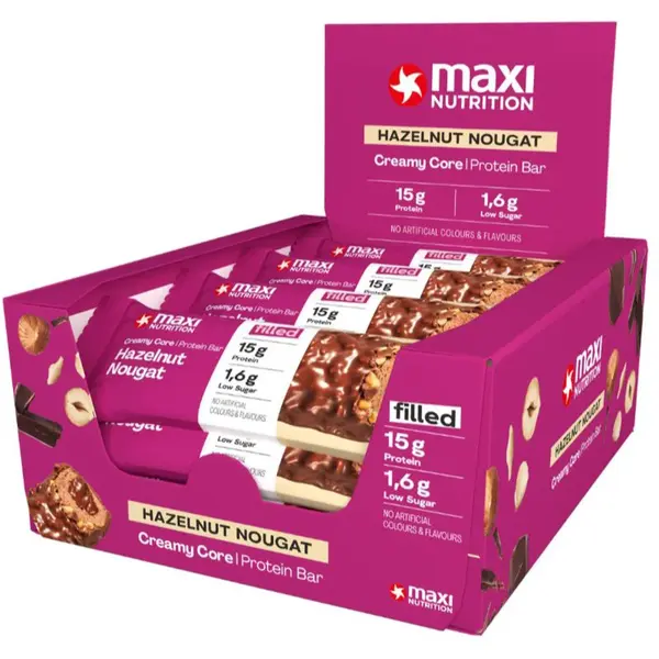 MaxiNutrition Creamy Core Protein Bar proteinová tyčinka s nízkým obsahem cukrů příchuť Hazelnut Nougat 12x45 g