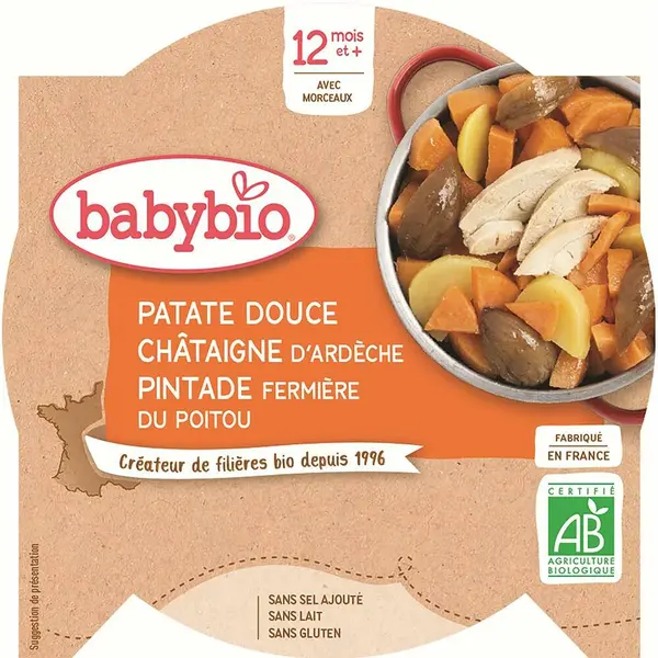 BABYBIO Menu Sladké brambory s kaštanovým pyré a farmářskou perličkou 230 g
