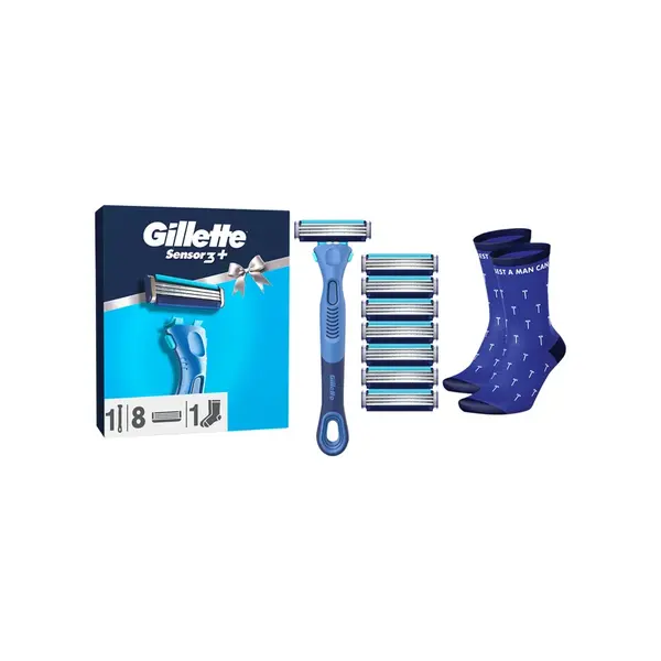Gillette Sensor 3+ darčeková sada: pánsky holiaci strojček, 8 náhradných hlavíc, ponožky