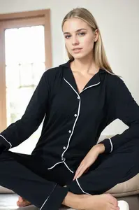 39374 Dewberry Cotton Buttoned Women Pyjama Set-BLACK-WHITE