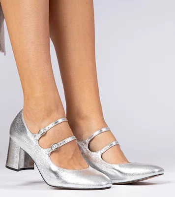 marka niezdefiniowana Silver women's pumps on a block heel with buckles Meloni