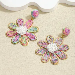 Flower Alloy Raffia Dangle Stud Earrings