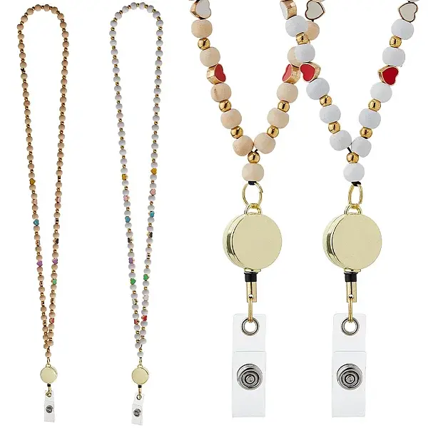 2Pcs 2 Colors Wood Beaded Retractable Badge Reel with Chains