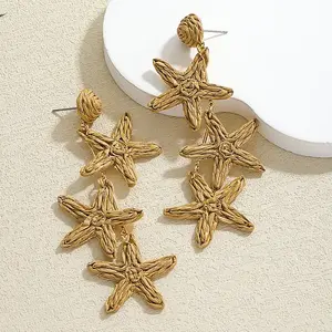 Alloy Raffia Starfish Dangle Stud Earrings