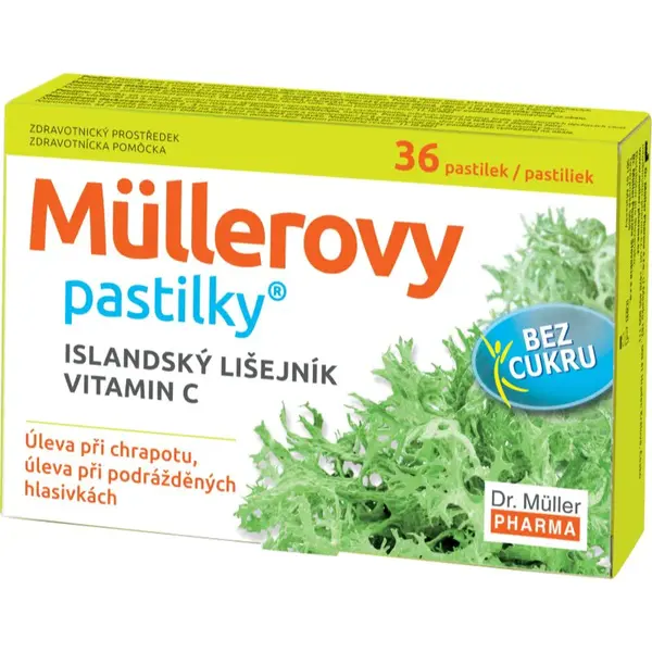 Dr. Müller Müllerovy pastilky® islandský lišajník bez cukru zdravotnícky prostriedok pri ťažkostiach s hlasom 36 ks