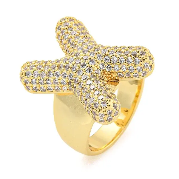 Brass Micro Pave Clear Cubic Zirconia Letter Open Cuff Ring for Women