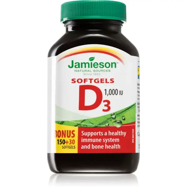 Jamieson Vitamin D3 1000 IU měkké tobolky pro normální funkci imunitního systému, stav kostí, zubů a činnost svalů 180 ks