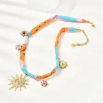 304 Stainless Steel Sun & Resin & Ceramic Flower Pendant Silk Ribbon Necklaces for Women