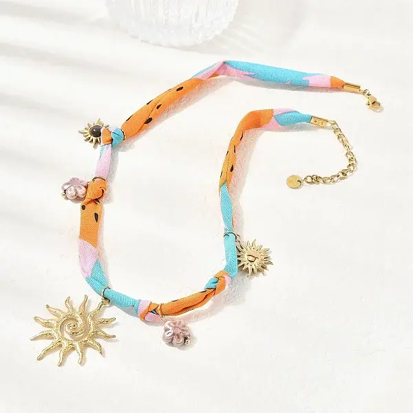 304 Stainless Steel Sun & Resin & Ceramic Flower Pendant Silk Ribbon Necklaces for Women