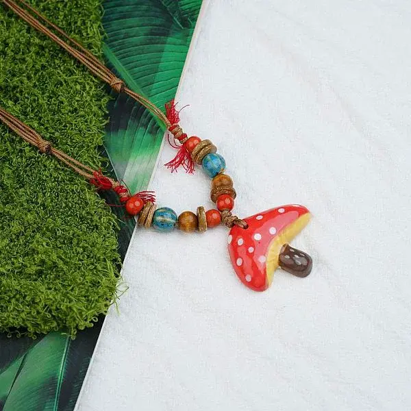 Mushroom Porcelain & Coconut Bead Pendant Necklaces
