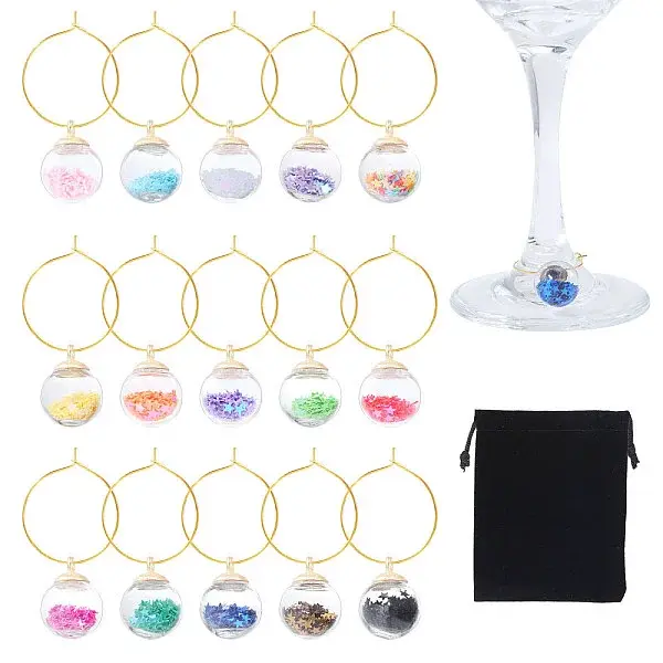 30Pcs 15 Colors Glass Ball with Star Glitter Sequins inside Wine Glass Charms