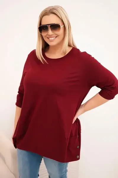 Kesi Dámska blúzka Plus Size z bavlny s ozdobnými gombíkmi a vyhrnutými rukávmi bordová