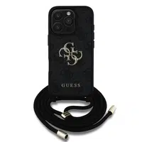 Zadní kryt Guess PU 4G Metal Logo Crossbody Popruh pro Apple iPhone 16 Pro, černá