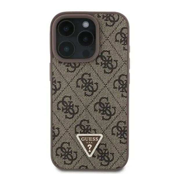 Zadní kryt Guess PU 4G Strass Triangle Metal Logo pro Apple iPhone 16 Pro, hnědá
