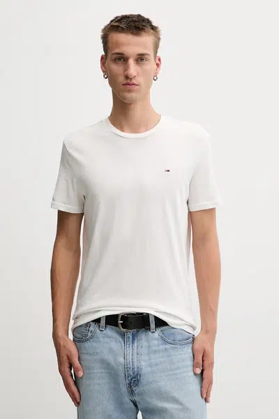 Bavlnené tričko Tommy Jeans 3-pak pánske, biela farba, jednofarebné, DM0DM21579