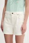 Rifľové krátke nohavice Guess Jeans dámske, béžová farba, jednofarebné, vysoký pás, W5GD0S D5M62