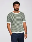 Ombre Men's knitted t-shirt with navy stripes and openwork weave - olive and white