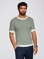 Ombre Men's knitted t-shirt with navy stripes and openwork weave - olive and white
