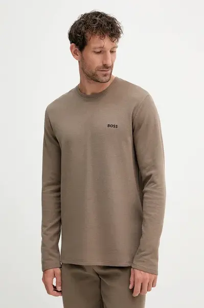 Tričko s dlouhým rukávem BOSS Waffle LS-Shirt hnědá barva, 50535870