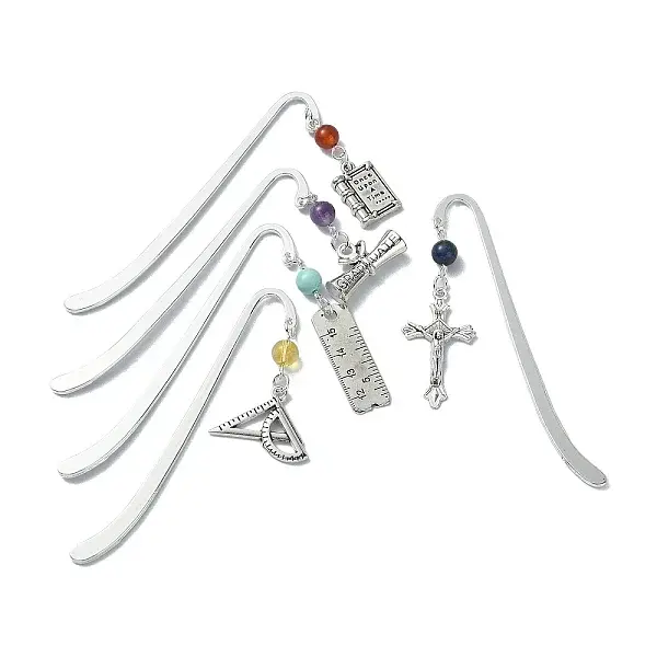 5Pcs 5 Style Cross Ruler Scroll Alloy Pendant Bookmark