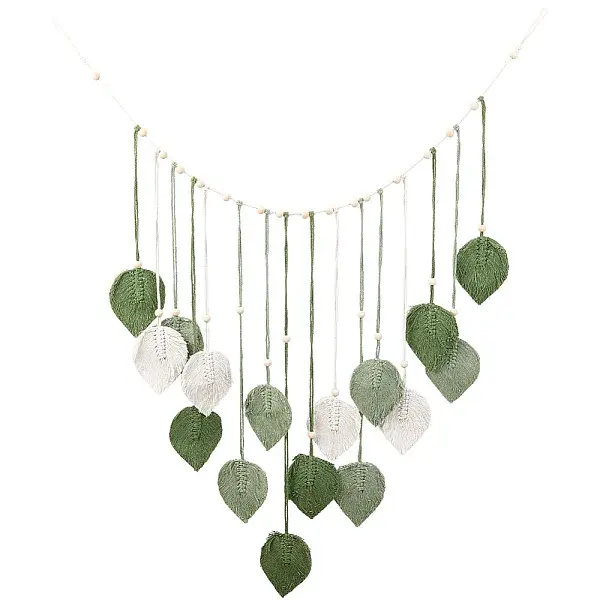 Bohemian Hand-woven Cotton Rope Leaf Tassel with Wood Beads Wall Hanging Ornaments