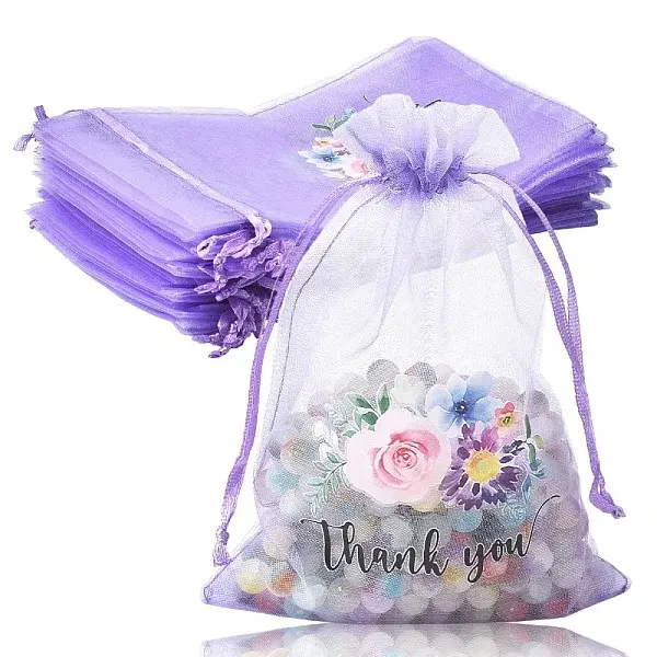 20Pcs Thank You Flower Printed Organza Drawstring Bags