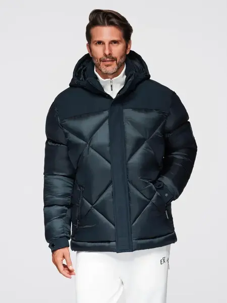 Ombre Men's hooded jacket with geometric diamond quilting - navy blue