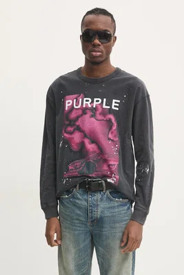 Bavlněné tričko s dlouhým rukávem PURPLE BRAND TEXTURED JERSEY LS TEE šedá barva, s potiskem, P204-JBFP125