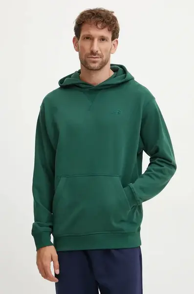Bavlněná mikina New Balance pánská, zelená barva, s kapucí, hladká, MT41534NWG