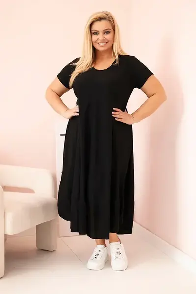 Kesi Włoski Dámské šaty plus size s krátkým rukávem a volánem z lehké viskózy černá