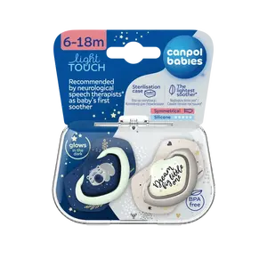 CANPOL BABIES Set symetrických silikonových dudlíků Light touch 6-18m Sleepy Koala, modrý 2 ks