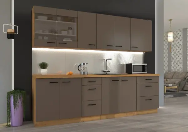 Kuchyňská linka 260 cm Bolonia 2 Barva korpusu: Dub artisan, Barva dvířek: Truffle Grey