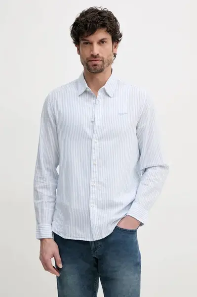 Lněná košile Pepe Jeans ARMANDO pánská, modrá barva, regular, s klasickým límcem, PM309028