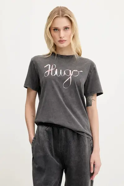 Bavlněné tričko HUGO Damacia_5 dámské, šedá barva, 50544868