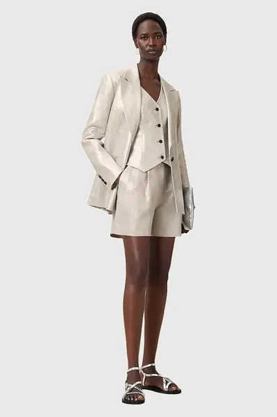 Lněné kraťasy AllSaints AVERIE dámské, stříbrná barva, medium waist, W069QC
