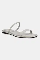 Kožené pantofle Calvin Klein FLAT SANDAL SQUARED 2-BAR LTH dámské, šedá barva, HW0HW02532