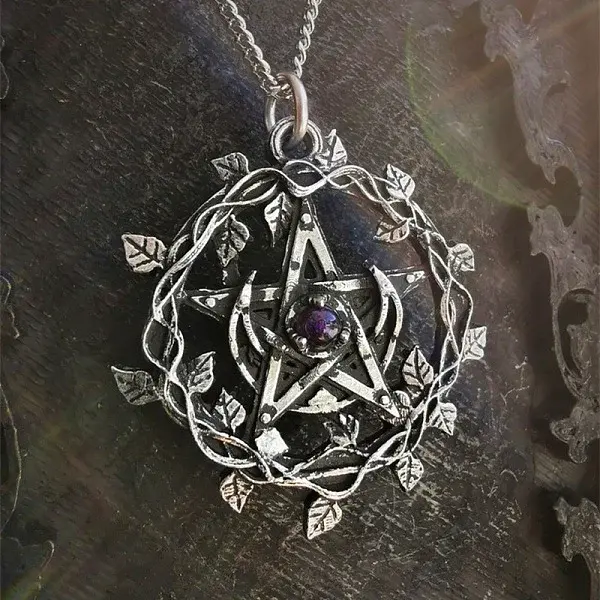 Alloy & Purple Resin Wicca Pentacle Pendant Necklaces for Women