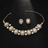 Oval Alloy Glass Pendant Necklaces & Stud Earrings Sets