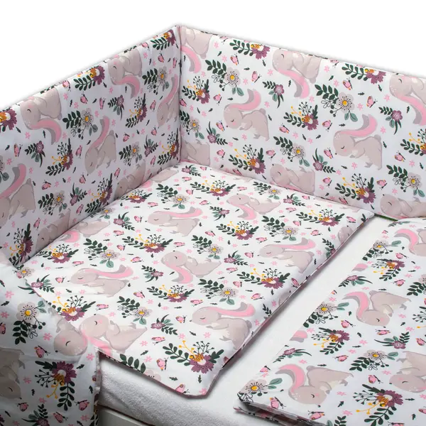 Baby Nellys 3-dílná sada, mantinel s povlečením Králíček na louce - růžová, bílá, 135x100