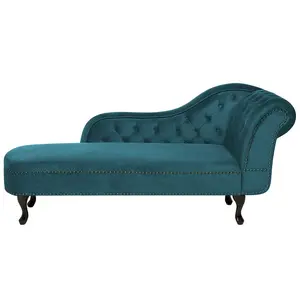 Beliani ČALOUNĚNÉ LEHÁTKO CHAISE LONGUE Sametová látka modrozelené pravostranné Nimes